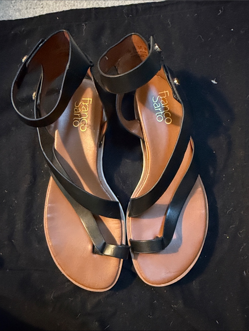 Franco Sarto Black Leather Strappy Ankle Sandals